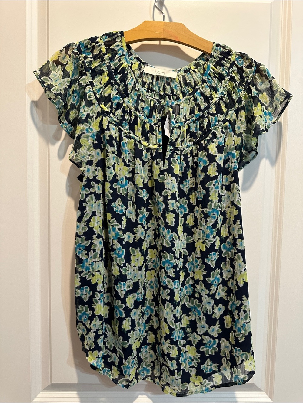 LOFT Navy Floral Flutter Sleeve Blouse